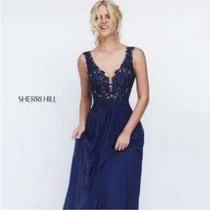 Sherri Hill Navy Blue Floral Lace Evening Gown